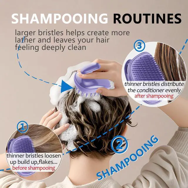 Alt view image 4 of 6 - Scalp Scrubber Massager Shampoo Brush,Exfoliator for Dandruff & Hair Growth | 2-in-1 dual bristles options hair scrubber,head shoulders scrub,hair oil applicator detangling for Wet or Dry Hair(Purple)
