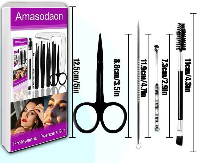 Alt view image 3 of 5 - 9+1 PCS Tweezers Set Stainless Steel Eyebrow & Facial Hair Black | Color: Black, High-Precision Beauty Tools, Professional Splinter & Ingrown Hair Removal, Safe & Sharp, Makeup Grooming Kit
