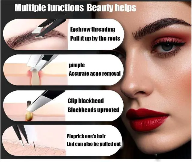 Alt view image 4 of 5 - 9+1 PCS Tweezers Set Stainless Steel Eyebrow & Facial Hair Black | Color: Black, High-Precision Beauty Tools, Professional Splinter & Ingrown Hair Removal, Safe & Sharp, Makeup Grooming Kit