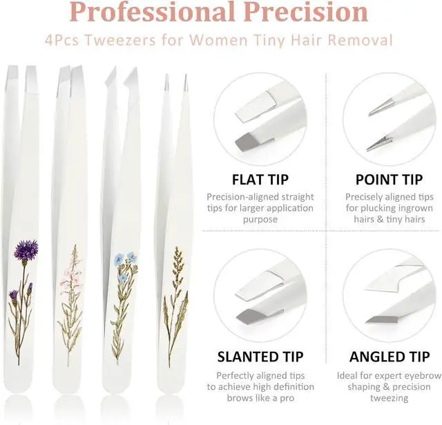 Alt view image 3 of 7 - COSHAYSOO Personalized Tweezers Set for Women Facial Hair in Floral Travel Case, Tweezers for Eyebrows Ingrown Hair Splinter Removal Grooming Kit Essentials, Mothers Day Gifts for Mom Daughter Teens