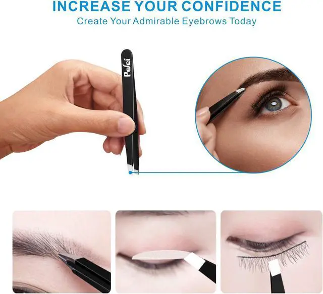 Alt view image 2 of 7 - Pefei Tweezers Set - Professional Stainless Steel Tweezers for Eyebrows - Great Precision for Facial Hair, Splinter and Ingrown Hair Removal (Black)