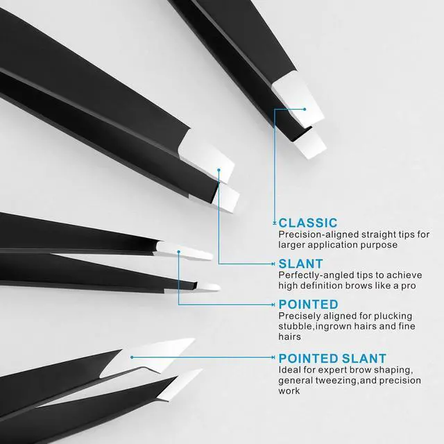 Alt view image 3 of 7 - Pefei Tweezers Set - Professional Stainless Steel Tweezers for Eyebrows - Great Precision for Facial Hair, Splinter and Ingrown Hair Removal (Black)