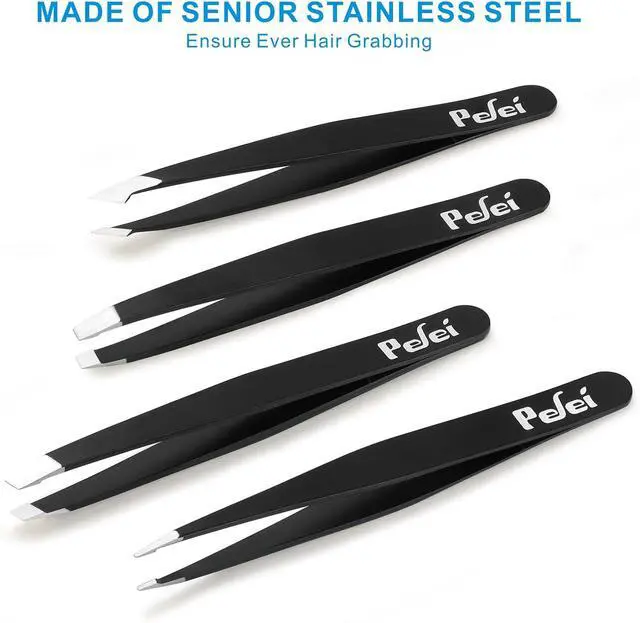 Alt view image 4 of 7 - Pefei Tweezers Set - Professional Stainless Steel Tweezers for Eyebrows - Great Precision for Facial Hair, Splinter and Ingrown Hair Removal (Black)