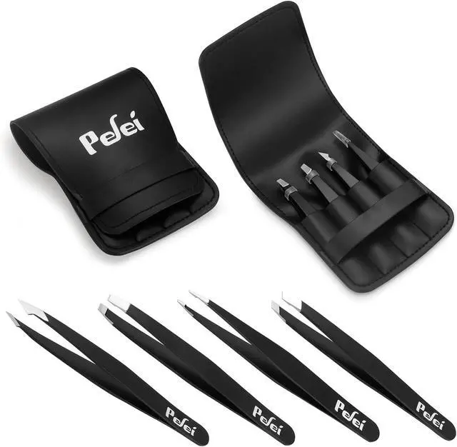 Alt view image 7 of 7 - Pefei Tweezers Set - Professional Stainless Steel Tweezers for Eyebrows - Great Precision for Facial Hair, Splinter and Ingrown Hair Removal (Black)