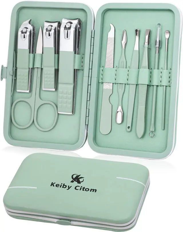 Main image of Manicure Set, Travel Mini Nail Clippers Kit Pedicure Care Tools, 10pcs Stainless Steel Grooming kit (Green)