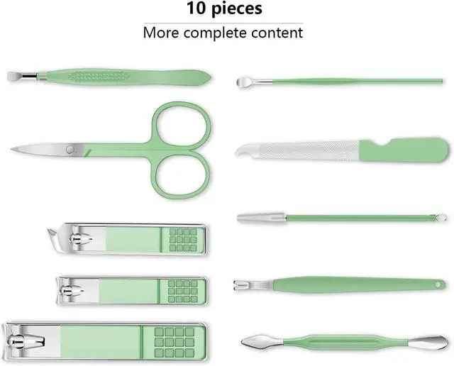 Alt view image 2 of 7 - Manicure Set, Travel Mini Nail Clippers Kit Pedicure Care Tools, 10pcs Stainless Steel Grooming kit (Green)