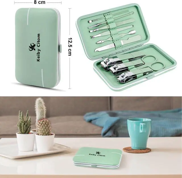 Alt view image 3 of 7 - Manicure Set, Travel Mini Nail Clippers Kit Pedicure Care Tools, 10pcs Stainless Steel Grooming kit (Green)