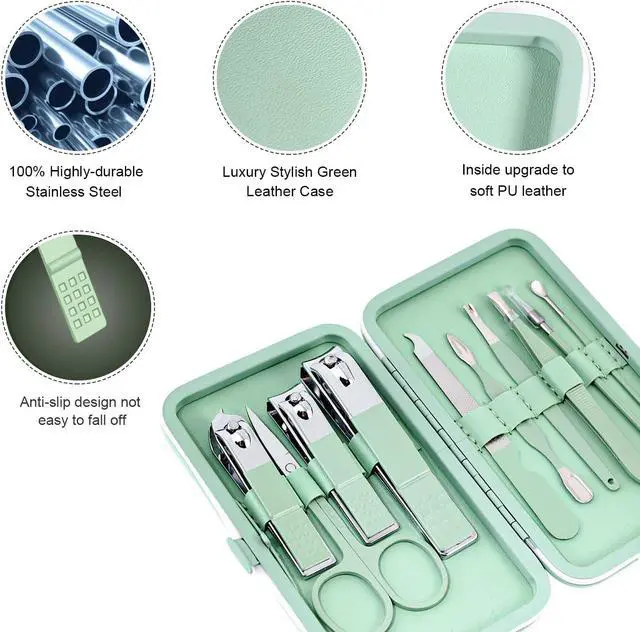 Alt view image 5 of 7 - Manicure Set, Travel Mini Nail Clippers Kit Pedicure Care Tools, 10pcs Stainless Steel Grooming kit (Green)