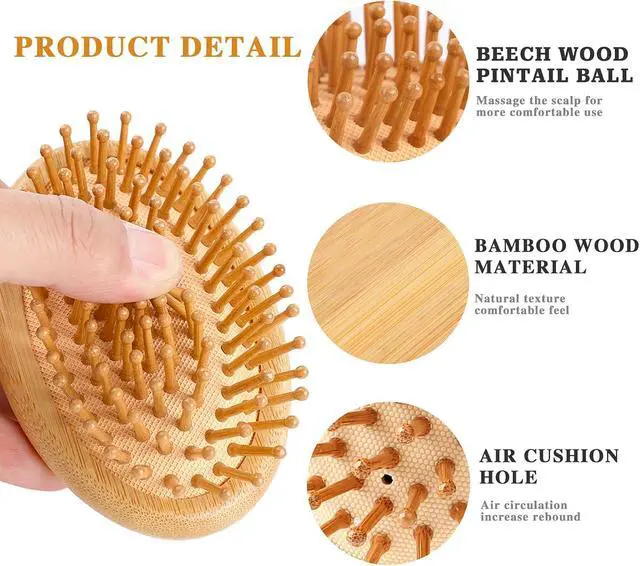 Alt view image 2 of 7 - Bamboo Hair Brush, Wooden Scalp Massage Comb Portable Anti-Static Hairbrush with Air Cushion and Round Ball Bristles, Mini Travel Hair Brush for Women and Men, No Handle Design