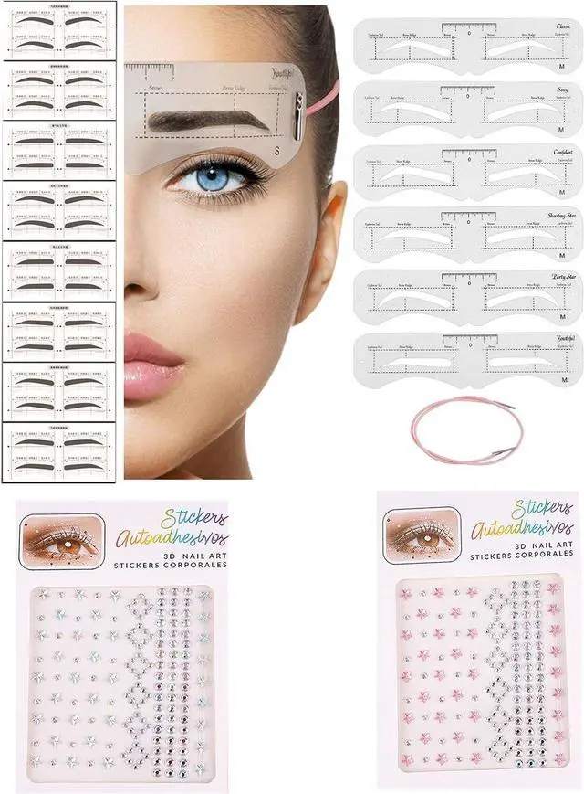 Main image of Eyebrow Stencils Kit 34 Pieces Eyebrow Shaping Tool Eyebrow Grooming Kit, Includes 2 Sheets Christmas Self Adhesive Face Gems