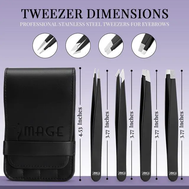 Alt view image 2 of 7 - Tweezers for women facial 4 Piece Stainless Steel Precision Tweezers Kit with Leather Case for women & men Multi purpose as eyebrows facial hair ingrown hair removal
