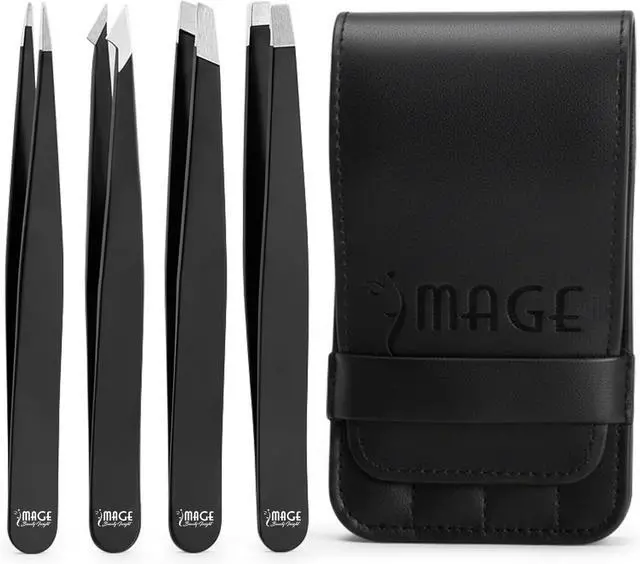 Main image of Tweezers for women facial 4 Piece Stainless Steel Precision Tweezers Kit with Leather Case for women & men Multi purpose as eyebrows facial hair ingrown hair removal