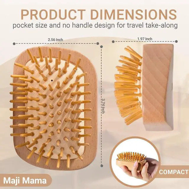 Alt view image 4 of 7 - Handmade Natural Wooden Hair Brush Hairbrush with Bamboo Pins Massage Scalp & Detangling All Hair Types For Hair Growth,Scalp Massager Mini Brush No Handle Design