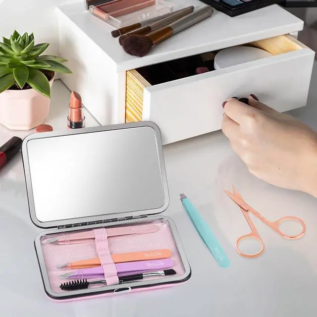 Alt view image 6 of 7 - TsMADDTs Tweezers for Women Facial Hair, Ingrown & Fine Hairs | Stainless Steel, Precision Slant Tips, Colorful, Eyebrow Shaping, Travel Set with Curved Scissors, Brush & Built-in Mirror
