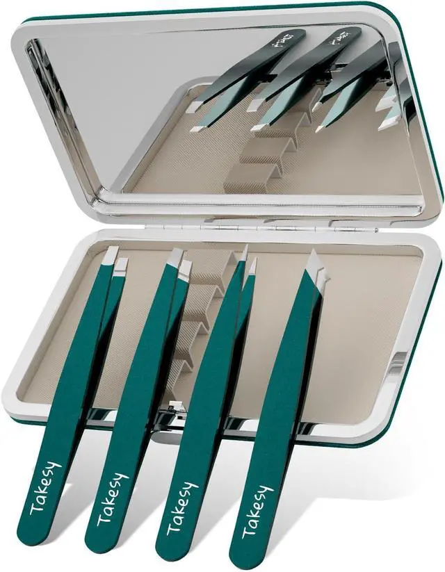Main image of Upgraded Sharp Precision Tweezers for Facial Hair & Chin Hair, Slanted Design for Women & Men Eyebrow Plucker, Great with Travel Mirror Case (Green)
