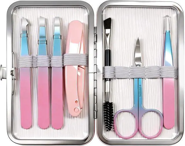 Main image of Eyebrow Tweezers Set with Travel Case - 7 Pcs Professional Eyebrow Grooming Kit Stainless Steel Slant and Pointed Tweezer Kit for Women Facial Hair, Ingrown Hair and Daily Grooming