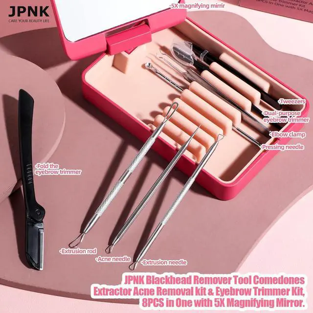 Alt view image 2 of 7 - JPNK Blackhead Remover Tool Comedones Extractor Acne Removal kit & Eyebrow Trimmer Kit, 8PCS in One with 5X Magnifying Mirror (Silver)