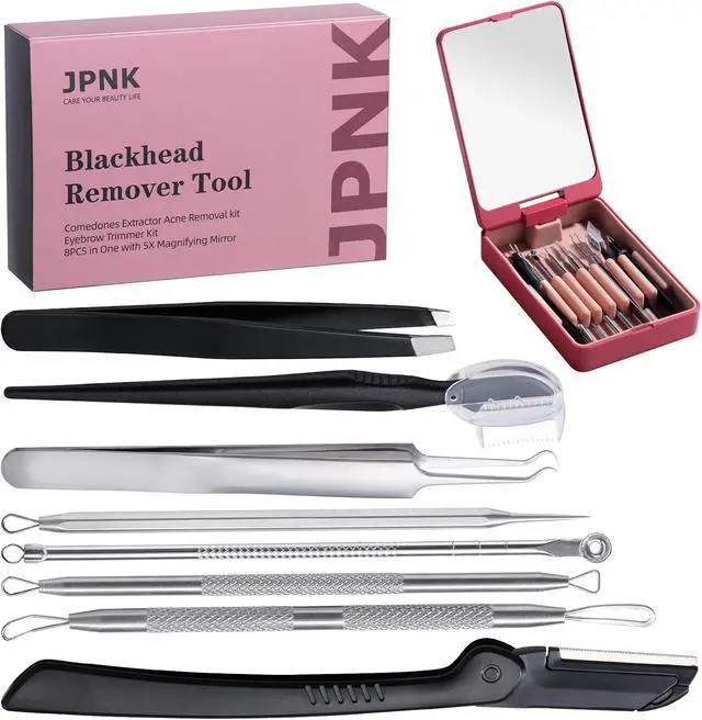 Alt view image 3 of 7 - JPNK Blackhead Remover Tool Comedones Extractor Acne Removal kit & Eyebrow Trimmer Kit, 8PCS in One with 5X Magnifying Mirror (Silver)