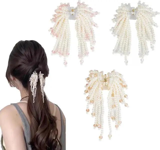 Main image of Pearl Hair Clips for Women, Pearl Beads Tassel Rhinestone Non Slip Hair Claw Clip, Elegant French Hair Pins Accessories for Styling Party Birthday Wedding Gift Thin Thick Hair (3 PCS)