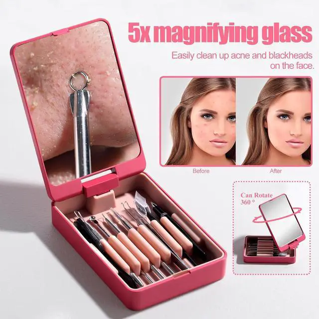 Alt view image 7 of 7 - JPNK Blackhead Remover Tool Comedones Extractor Acne Removal kit & Eyebrow Trimmer Kit, 8PCS in One with 5X Magnifying Mirror (Silver)