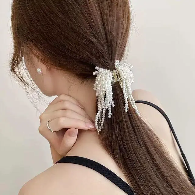 Alt view image 4 of 6 - Pearl Hair Clips for Women, Pearl Beads Tassel Rhinestone Non Slip Hair Claw Clip, Elegant French Hair Pins Accessories for Styling Party Birthday Wedding Gift Thin Thick Hair (3 PCS)