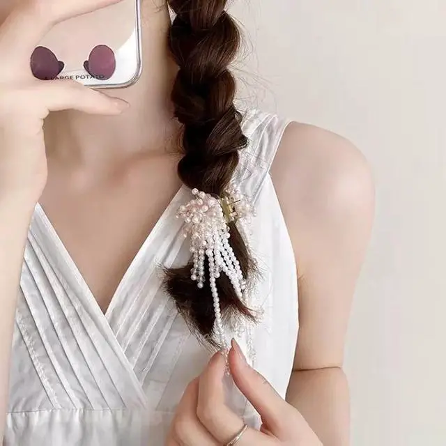 Alt view image 5 of 6 - Pearl Hair Clips for Women, Pearl Beads Tassel Rhinestone Non Slip Hair Claw Clip, Elegant French Hair Pins Accessories for Styling Party Birthday Wedding Gift Thin Thick Hair (3 PCS)