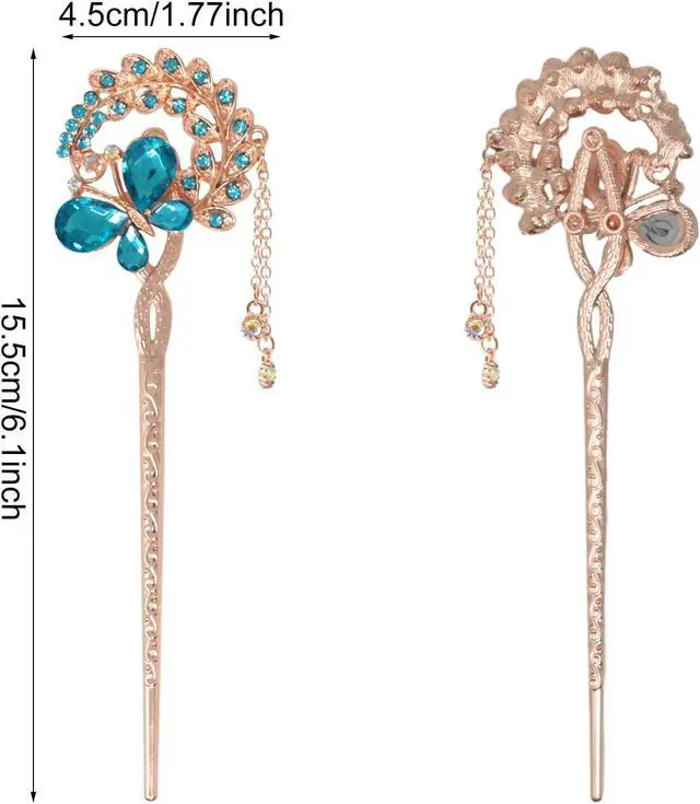 Alt view image 2 of 7 - Honbay Fashion Long Hair Decoration Chinese Traditional Style Retro Tassel Alloy Blue Butterfly Hair Stick Hair Chopsticks Hairpin Chignon Pin