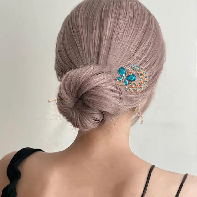 Alt view image 4 of 7 - Honbay Fashion Long Hair Decoration Chinese Traditional Style Retro Tassel Alloy Blue Butterfly Hair Stick Hair Chopsticks Hairpin Chignon Pin