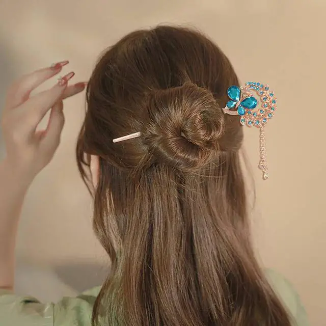 Alt view image 5 of 7 - Honbay Fashion Long Hair Decoration Chinese Traditional Style Retro Tassel Alloy Blue Butterfly Hair Stick Hair Chopsticks Hairpin Chignon Pin