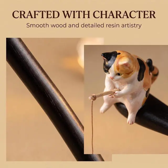 Alt view image 3 of 7 - 1 Pc Cute Cat Fishing Hairpin Sandalwood Tassel Hair Clip, 7.09Inch Long Hair Sticks, Shawl Hair Pins Retro Chinese Hair Stick
