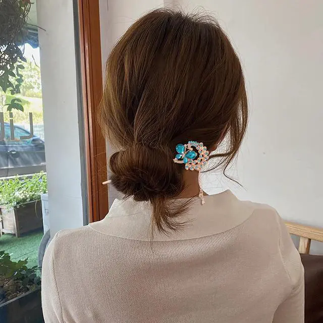 Alt view image 6 of 7 - Honbay Fashion Long Hair Decoration Chinese Traditional Style Retro Tassel Alloy Blue Butterfly Hair Stick Hair Chopsticks Hairpin Chignon Pin