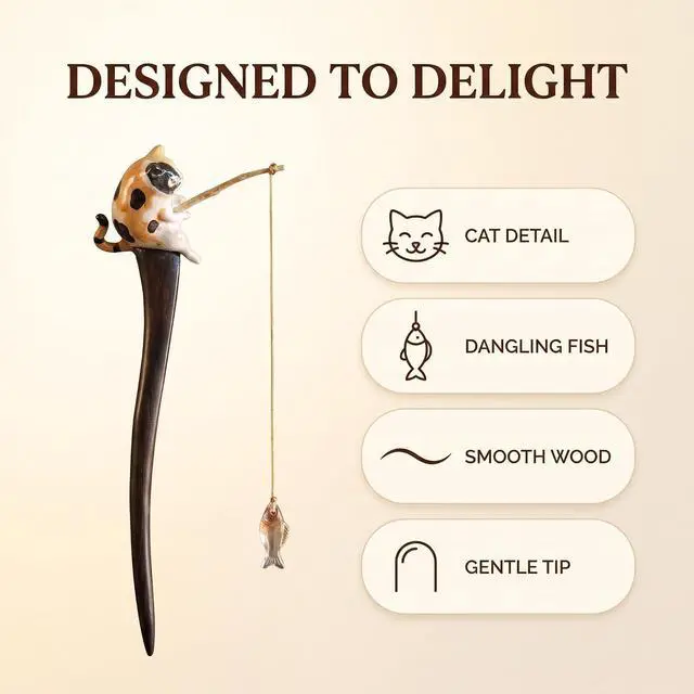 Alt view image 4 of 7 - 1 Pc Cute Cat Fishing Hairpin Sandalwood Tassel Hair Clip, 7.09Inch Long Hair Sticks, Shawl Hair Pins Retro Chinese Hair Stick