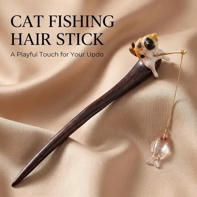 Alt view image 2 of 7 - 1 Pc Cute Cat Fishing Hairpin Sandalwood Tassel Hair Clip, 7.09Inch Long Hair Sticks, Shawl Hair Pins Retro Chinese Hair Stick