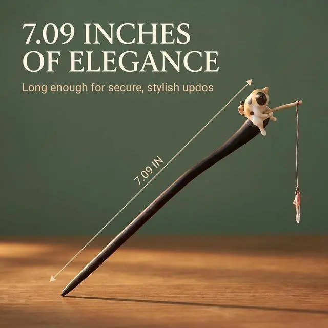 Alt view image 6 of 7 - 1 Pc Cute Cat Fishing Hairpin Sandalwood Tassel Hair Clip, 7.09Inch Long Hair Sticks, Shawl Hair Pins Retro Chinese Hair Stick