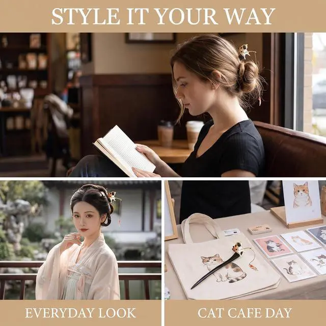Alt view image 5 of 7 - 1 Pc Cute Cat Fishing Hairpin Sandalwood Tassel Hair Clip, 7.09Inch Long Hair Sticks, Shawl Hair Pins Retro Chinese Hair Stick