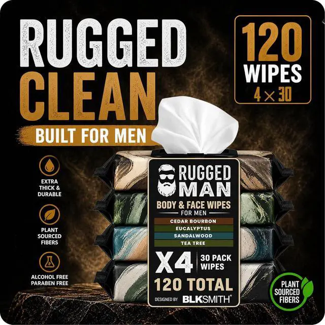 Alt view image 2 of 7 - BLKSMITH Rugged Man Body & Face Wipes for Men - 30x4 Pack of Mens Face Wipes - Body Wipes for Men Ideal for after Work, Gym or Travel (Cedar Bourbon | Eucalyptus | Sandal Wood | Tea Tree, 120 Wipes)