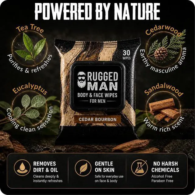 Alt view image 6 of 7 - BLKSMITH Rugged Man Body & Face Wipes for Men - 30x4 Pack of Mens Face Wipes - Body Wipes for Men Ideal for after Work, Gym or Travel (Cedar Bourbon | Eucalyptus | Sandal Wood | Tea Tree, 120 Wipes)