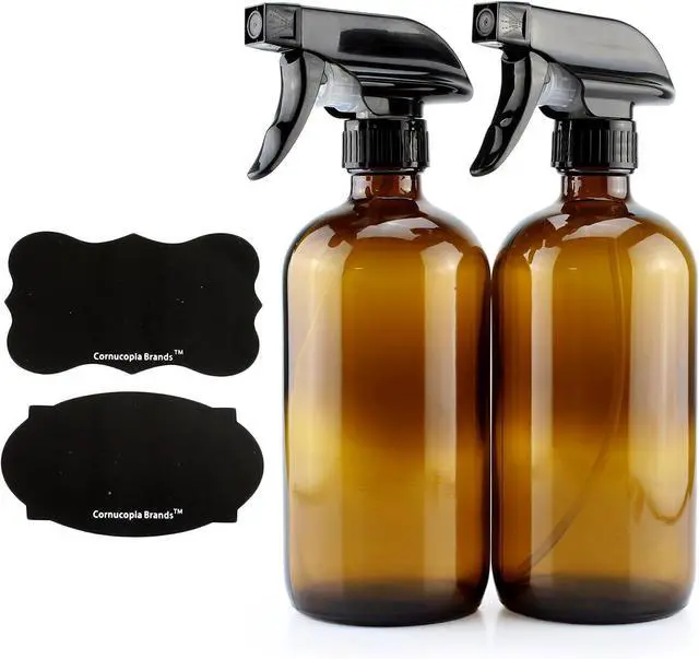 Main image of Cornucopia Brands 16oz Amber Glass Spray Bottles w/Reusable Chalk Labels (2 Pack), Heavy Duty Mist & Stream 3-Setting Sprayer; Great for Essential Oils