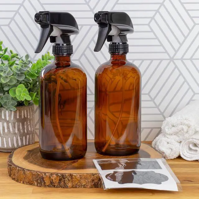Alt view image 2 of 7 - Cornucopia Brands 16oz Amber Glass Spray Bottles w/Reusable Chalk Labels (2 Pack), Heavy Duty Mist & Stream 3-Setting Sprayer; Great for Essential Oils