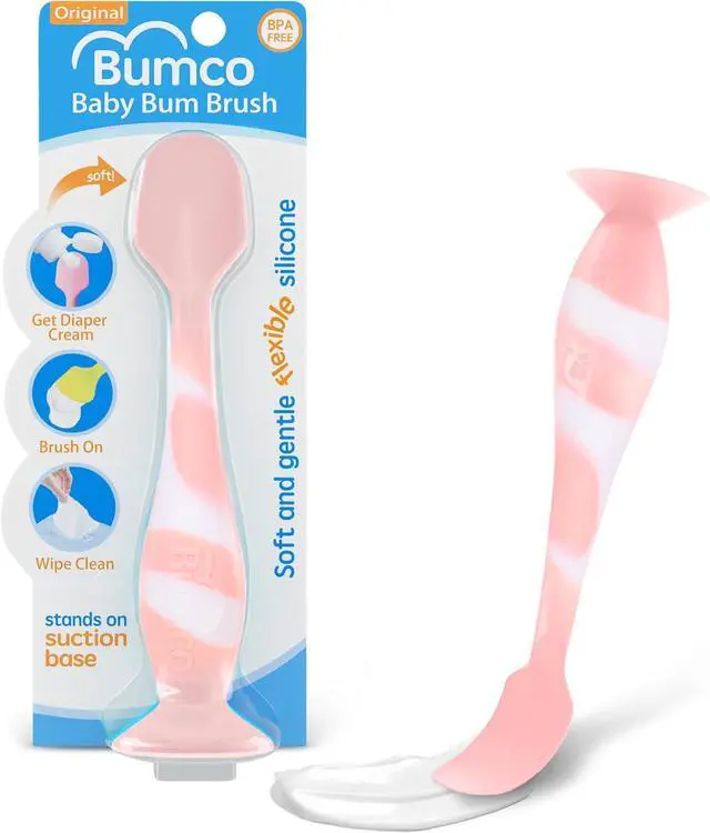 Main image of Bumco Baby Bum Brush - Diaper Cream Spatula Applicator (Light Pink Swirl) | BPA-Free Diaper bag essentials. Mom-invented butt paste spatula and diaper rash cream applicator. Soft, wipe-clean silicone.