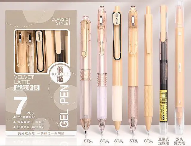 Alt view image 4 of 5 - 7pcs Pens for Journaling Retractable Highlighters, Fineliner, Fine Point Gel Pens Office Supplies Writing Drawing Set (beige 7pcs)