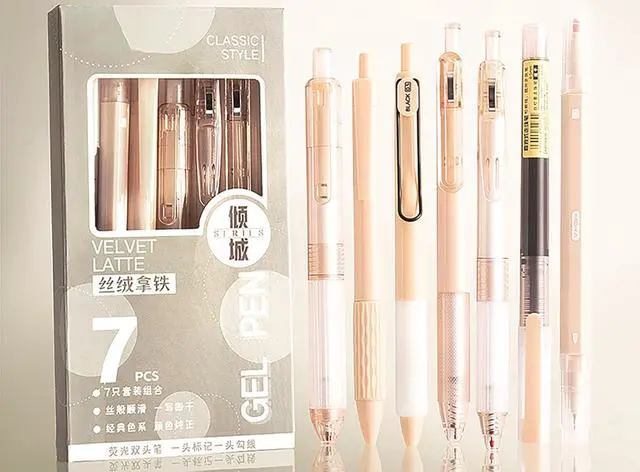 Alt view image 5 of 5 - 7pcs Pens for Journaling Retractable Highlighters, Fineliner, Fine Point Gel Pens Office Supplies Writing Drawing Set (beige 7pcs)