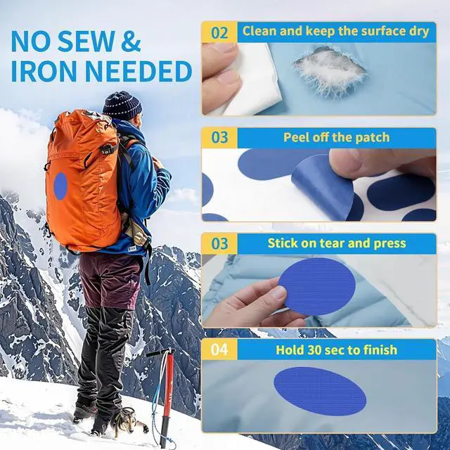 Alt view image 4 of 7 - Waterproof Self-Adhesive Nylon Patches for Tent Repair Kit, 24pcs Outdoor Gear Tenacious Repair Tape, Fabric Patches for Clothes, Down Puffer Jacket, Tent, Sleeping Bag, Backpack, Royal Blue