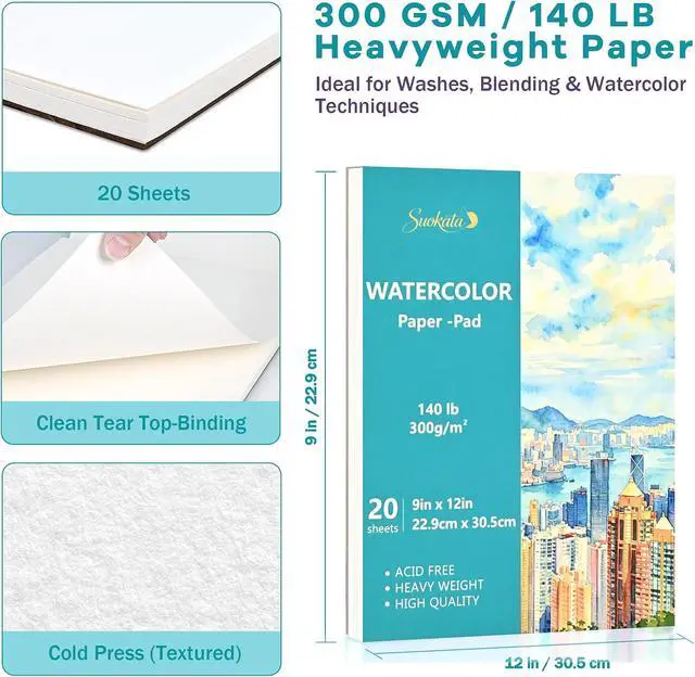 Alt view image 2 of 7 - Suokata Watercolor Paper Book, 9"x12", 300 GSM Cold Press Texture Paper Pad