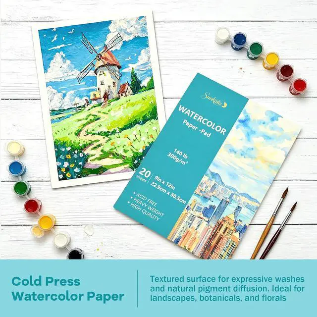 Alt view image 3 of 7 - Suokata Watercolor Paper Book, 9"x12", 300 GSM Cold Press Texture Paper Pad