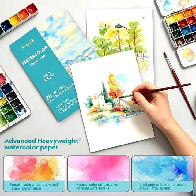 Alt view image 5 of 7 - Suokata Watercolor Paper Book, 9"x12", 300 GSM Cold Press Texture Paper Pad