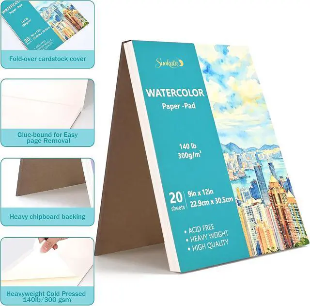 Alt view image 6 of 7 - Suokata Watercolor Paper Book, 9"x12", 300 GSM Cold Press Texture Paper Pad