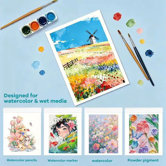 Alt view image 7 of 7 - Suokata Watercolor Paper Book, 9"x12", 300 GSM Cold Press Texture Paper Pad