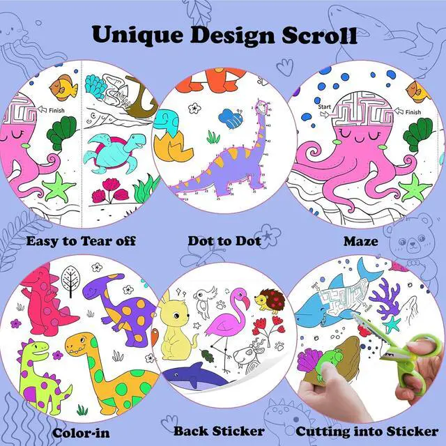 Alt view image 3 of 7 - Raissily 3 PCS Children Drawing Rolls, 118" x 11.8" Coloring Sticky Paper Rolls Graffiti Scroll DIY Filling Picture Wall Painting Paper Roll for Kids Gift (Dinosaur/Animal/Infauna)