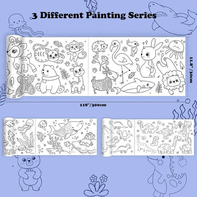 Alt view image 2 of 7 - Raissily 3 PCS Children Drawing Rolls, 118" x 11.8" Coloring Sticky Paper Rolls Graffiti Scroll DIY Filling Picture Wall Painting Paper Roll for Kids Gift (Dinosaur/Animal/Infauna)
